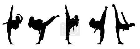 Colección de siluetas de mujer haciendo una patada de arte marcial. Grupo de silueta de mujer deportiva haciendo patadas movimiento.