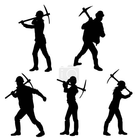 Silhouette group of workers carrying pick axe tool.