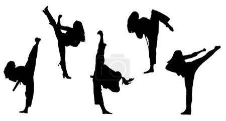 Grupo de mujeres silueta haciendo una patada de arte marcial. Silueta colección de mujer deportiva haciendo patadas movimiento.