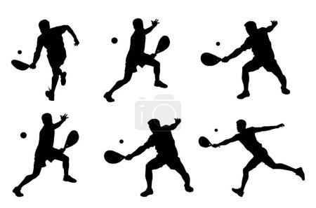 Silhouette group of male tennis players in action pose. Silhouette collection of men playing tennis sport.