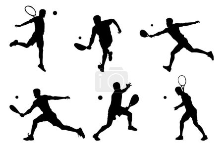Silhouette group of male tennis players in action pose. Silhouette collection of men playing tennis sport.