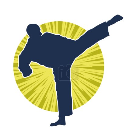 Silhouette eines Mannes in Kampfkunst-Kick-Pose. Silhouette eines Kampfsportlers in Kickerpose.