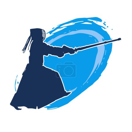 Silhouette of a kendo martial art person wearing mask and carrying bamboo sword weapon.