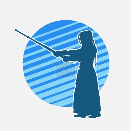 Silhouette of a kendo martial art person wearing mask and carrying bamboo sword weapon.