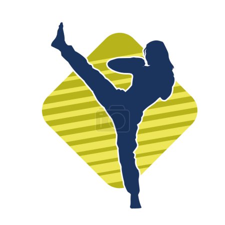 Silhouette einer Frau in Kampfkunst-Kick-Pose. Silhouette einer Frau in Kampfsportpose.
