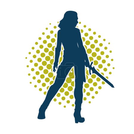 Silhouette of a female warrior in action pose with her sword weapon. Silhouette of a woman fighter in action pose with sharp blade weapon.