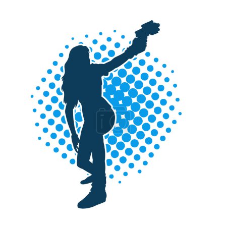 Silhouette of a slim female warrior in action pose with machine hand gun