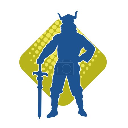 Silhouette of a male warrior wearing viking helmet and carrying sword weapon