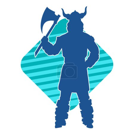 Silhouette of a male warrior wearing viking helmet and carrying battle axe weapon