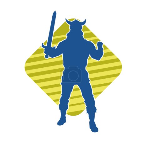 Silhouette of a male warrior wearing viking helmet and carrying sword weapon