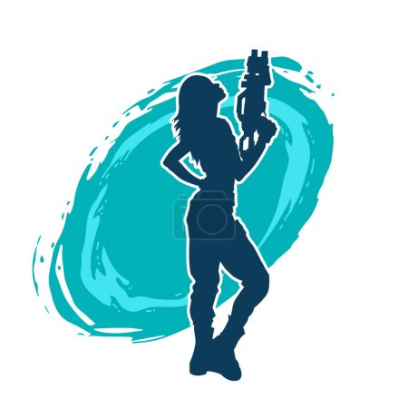 Silhouette einer schlanken Kriegerin in Action-Pose mit Maschinengewehr