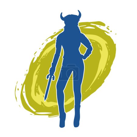 Silhouette of a female warrior wearing viking helmet and carrying sword weapon