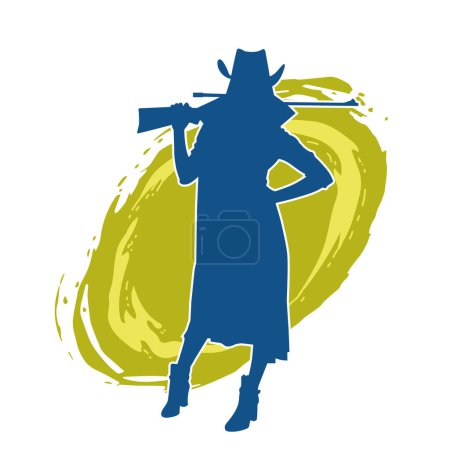 Silhouette einer Cowboy-Kriegerin mit langem Mantel und Gewehrwaffe. Silhouette einer Cowgirl-Frau in Action-Pose mit langer Schusswaffe.