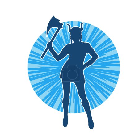 Silhouette of a female warrior wearing viking costume and carrying battle axe weapon