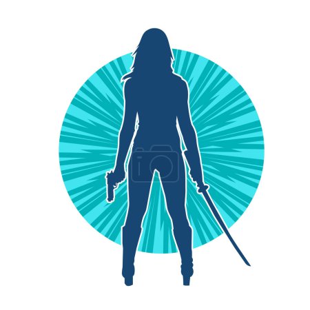 Silueta de una guerrera en pose portadora de arma de mano y espada