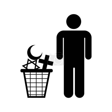 Ilustración de Ateo o no creyente - humanos y botes de basura con símbolos religiosos como metáfora del ateísmo y no creyente. ilustración vectorial en estilo moderno - Imagen libre de derechos