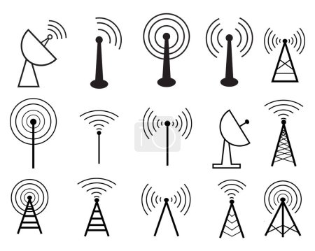 Illustration for Radio Tower And Pole Linear Icons Set. Radio Communication Tower, Transmitter, Antenna Outline Symbol Pack. Modern Wireless Technology, Vector icon set illustration for Telecommunications - Royalty Free Image