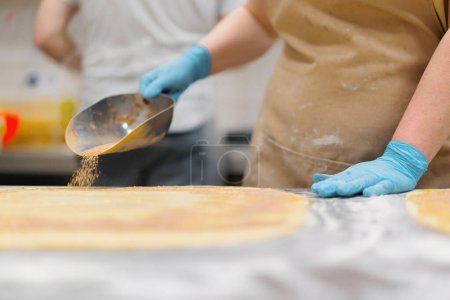 Téléchargez les photos : La cuisine dans la boulangerie - le processus de fabrication de cannons, la boulangère ajoute de la cannelle et du chocolat à la pâte - en image libre de droit