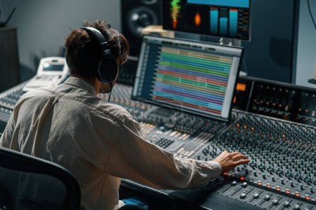 Photo for Sound engineer working in music studio with monitors and equalizer screen mixing and mastering tracks - Royalty Free Image