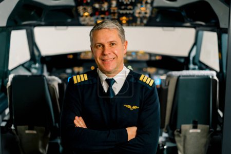 Photo for Portrait of smiling airplane captain in uniform preparing for flight aero simulator cockpit - Royalty Free Image
