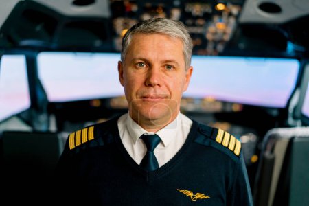 Foto de Retrato del capitán sonriente del avión en uniforme preparándose para la cabina del simulador de vuelo aéreo - Imagen libre de derechos