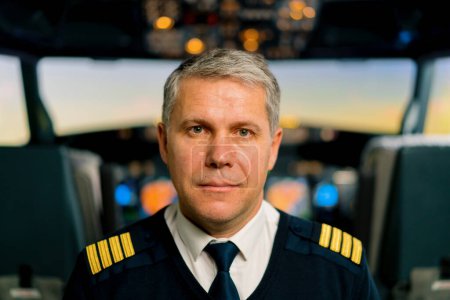 Téléchargez les photos : Portrait du commandant de bord souriant en uniforme se préparant au poste de pilotage d'un simulateur d'aéronef de vol - en image libre de droit