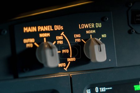 Photo for A detailed shot of the control and navigation panel in the cockpit of Boeing 737 Flight Simulator passenger plane - Royalty Free Image
