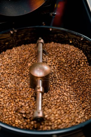 Téléchargez les photos : La production de café est le processus de torréfaction des grains de café frais grains de café mélangés et refroidis - en image libre de droit