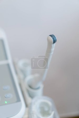 Photo for Close-up of ultrasound scanner equipment in gynecological office in hospital clinic Concept diagnosis and health - Royalty Free Image