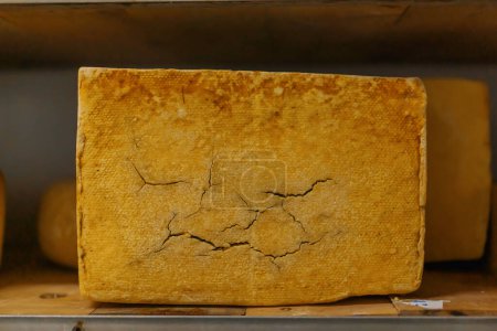 Téléchargez les photos : Têtes de fromage sur étagères en bois dans l'entrepôt de maturation du fromage Concept de production délicieux fromages - en image libre de droit