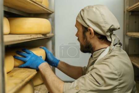Foto de Fabricante de queso en uniforme en el hombre de producción de queso en el almacén con estantes de madera cabezas llenas de queso toma queso - Imagen libre de derechos
