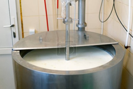 Téléchargez les photos : Mélanger le lait dans une fromagerie avec un mélangeur spécial dans une grande cuve Pasteurisation Production de fromage dans une fromagerie - en image libre de droit