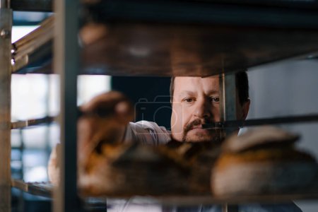 Foto de Panadero masculino entre estantes mirando muy cuidadosamente la comprobación de pan recién horneado en la industria de la panadería - Imagen libre de derechos