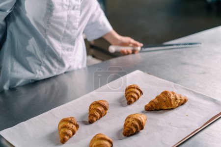 Foto de Panadero atractivo pone una bandeja para hornear en la mesa con panecillos fragantes calientes recién horneados panadería de producción de hornear - Imagen libre de derechos
