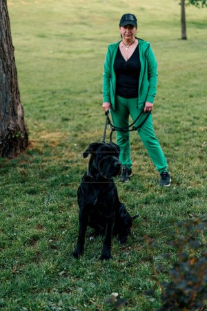 Foto de Retrato de un perro negro de una raza grande de Cane Corso en un paseo por el parque con mascotas propietarias en la naturaleza - Imagen libre de derechos