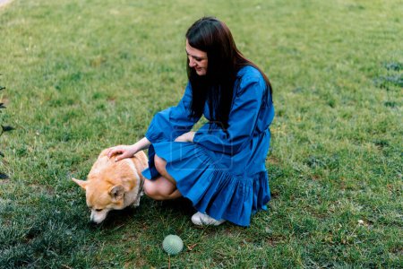 Photo for A young girl a zoopsychologist calms down a corgi dog in the park the dog sits next to the owner who praises her - Royalty Free Image