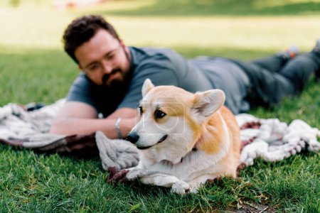 Téléchargez les photos : Homme barbu reposant dans le parc avec son chien corgi animal de compagnie à l'extérieur couché sur la feuille pique-nique d'été - en image libre de droit