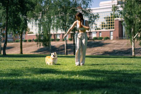 Téléchargez les photos : Une jeune fille forme un chien corgi mignon dans le parc, le propriétaire court avec elle et joue sur la promenade été animaux de la nature - en image libre de droit