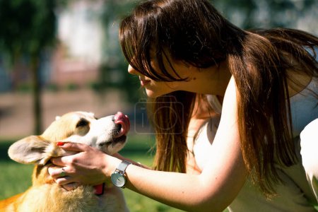 Foto de Retrato de una joven y un lindo perro corgi, el propietario besa al perro en la nariz en un paseo por el parque - Imagen libre de derechos