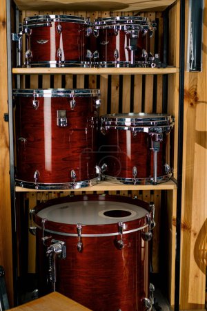 Photo for Drums on the shelves in the recording studio musical instruments Hobbies leisure - Royalty Free Image