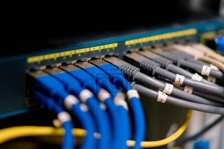 Foto de Un montón de cables de red de conexión clasificados en un gabinete de rack que conduce desde un panel de conexión en un rack de servidor en la sala de centro de datos de almacenamiento en la nube de Internet - Imagen libre de derechos