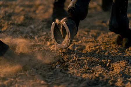 Téléchargez les photos : Gros plan des sabots du cheval noir lors d'une balade à cheval sur le sable le concept d'amour pour les sports équestres - en image libre de droit