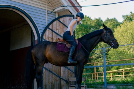 Téléchargez les photos : Une cavalière portant un casque monte son beau cheval noir près de l'écurie avant une balade à cheval dans les bois - en image libre de droit