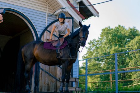 Téléchargez les photos : Une cavalière portant un casque monte son beau cheval noir près de l'écurie avant une balade à cheval dans les bois - en image libre de droit