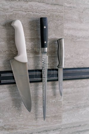 Photo for Professional kitchen chef's knives on wall for cooking different dishes - Royalty Free Image