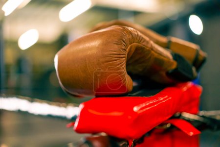 Téléchargez les photos : Équipement de sport dans les gants de boxe de gymnastique sur les cordes de l'anneau sport actif entraînement professionnel gros plan - en image libre de droit