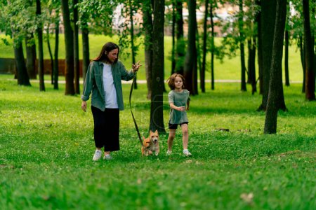 Téléchargez les photos : Famille jeune mère marche dans le parc avec sa fille et chien rouge courir vers l'avant sur l'herbe heureux amour d'enfance pour les animaux - en image libre de droit