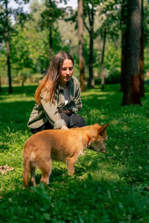 Photo for Portrait of a young girl walking in the park with her dog, playing with stick and teasing him with it - Royalty Free Image