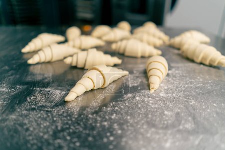 Photo for Semi-finished identical croissants lie on the kitchen surface ready for baking and bakery sales - Royalty Free Image