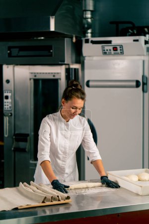 Photo for Concentrated female baker rolls dough into equal parts to create croissant shape before baking - Royalty Free Image
